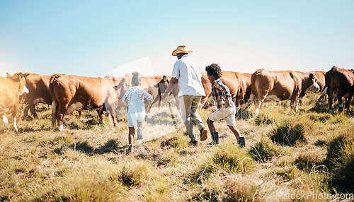 Image of Farm, cattle and father holding hands with children in countryside for ecology, adventure and agriculture. Family, sustainable farming and dad with kids for bonding, relax and learning with animal