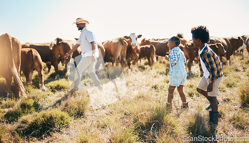 Image of Farm, cows and father with children in countryside for ecology, adventure and agriculture. Family, sustainable farming and happy dad with kids for bonding, relax and learning with animals in field