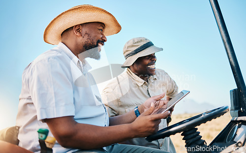 Image of Game drive, safari and men laugh with tablet for direction in Kenya desert with car for travel transport. Holiday, tour guide and driving with tech for adventure, holiday and journey with employees