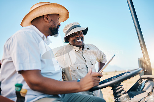 Image of Game drive, safari and men with tablet for direction in Kenya desert with car for travel transport. Holiday, tour guide and driving with tech for adventure, holiday and journey info with employees