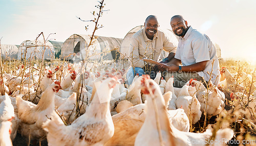 Image of People, farmer checklist and chicken in agriculture, sustainability or eco friendly, free range and teamwork portrait. Happy, african men or small business owner with animals, clipboard and outdoor