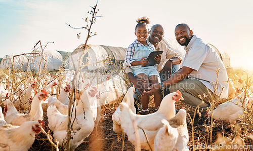 Image of Family, chicken farm and portrait in countryside with gay parents, agriculture help and kid. Happy, farming and child together with love and farmer support with bird and animal stock in field