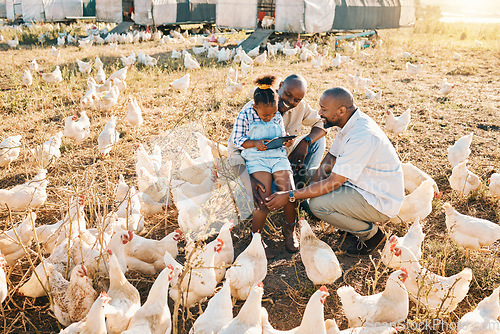 Image of Family, chicken farm and hug in countryside with sustainability, agriculture help and kid. Gay parents, farming and child together with parent love and support with bird and animal stock in field