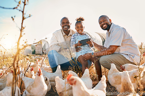 Image of Family, chicken farm and lgbt portrait in countryside with sustainability, agriculture and kid. Gay parents, farming and child together with parent love and support with bird animal stock in field