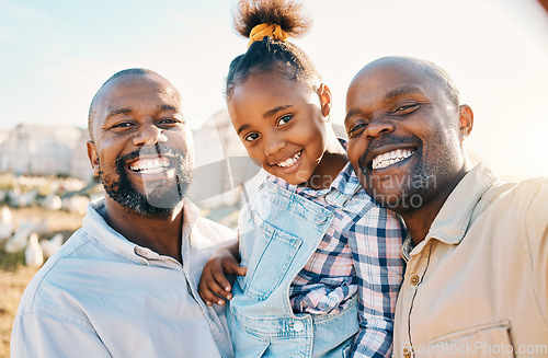 Image of Farm, lgbtq and portrait of fathers with girl in countryside for holiday, adventure and family vacation. Travel, sustainable farming and African parents with kid for bonding, relax and fun in nature