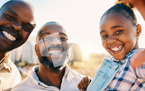 Image of Farm, selfie and portrait of gay parents with girl in countryside for holiday, adventure and vacation. Black family, sustainable farming and lgbtq fathers with kid for bonding, relax or fun in nature