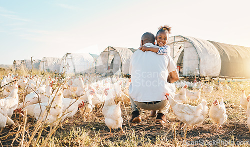 Image of Chicken, farming and black family hug with birds outdoor for sustainability and agriculture. Dad, child and working together on farm field and countryside with support and care for animal livestock