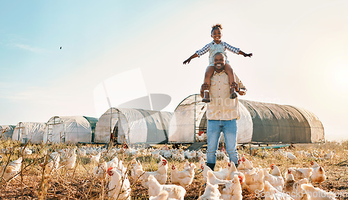 Image of Chicken, farming and family with fun outdoor for sustainability growth and agriculture. Dad, child and working together on farm field and countryside with support and care for animal livestock