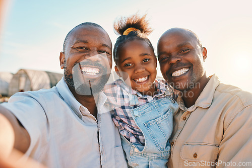 Image of Agriculture, gay and selfie of parents with girl in countryside for holiday, adventure or family vacation. Travel, farm and portrait of lgbtq fathers with child for bonding, relax and fun in nature