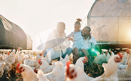 Image of Agriculture, chicken and gay parents with girl in countryside for holiday, adventure and vacation. Lgbtq family, sustainable farm and fathers with child for bonding, relax and learning with animals