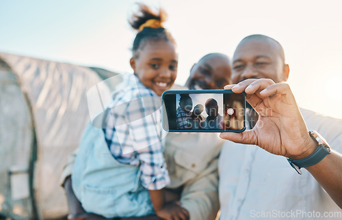 Image of Farm, selfie and gay parents with girl in countryside for holiday, adventure and vacation. Black family, farming and lgbtq fathers take picture with kid for memories, relax and bonding on screen