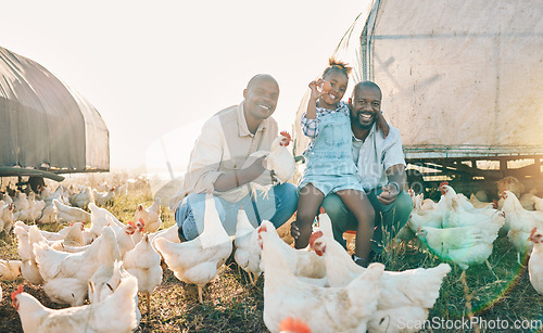 Image of Agriculture, chicken and portrait of parents with girl in countryside for farming, eggs and livestock. Travel, sustainable farm and lgbtq fathers with child for bonding, relax and learning in nature