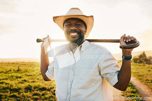 Image of Environment, smile and portrait of man on farm for sustainability, agriculture and nature ecology. Happy, peace and sunset with face of male farmer on countryside field for summer, health and calm