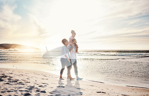 Image of Walking, sunset and family on the beach for vacation, adventure or holiday together for bonding. Travel, having fun and girl child with her mother and father on the sand by the ocean on weekend trip.