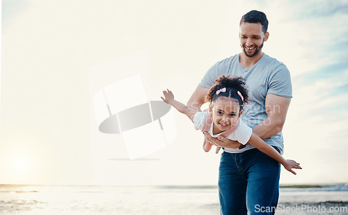 Image of Airplane, kid and father at beach with family, playing games love and travel, mockup space and fun outdoor. Happy people, freedom and adventure, man and girl flying with tropical holiday and bond