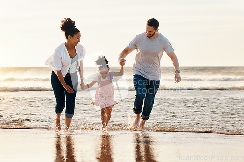 Image of Family, running and ocean, beach and sunset, happiness and fun together with games and bonding on vacation. Travel, adventure and playful, parents and child, happy people in nature and holding hands