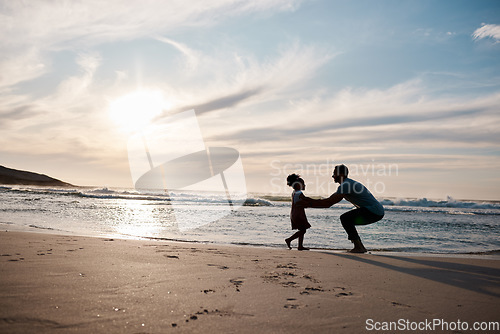 Image of Child is running to father, beach and silhouette, family with games and love, travel and freedom together outdoor. People, sunset and adventure, man and girl bonding with tropical holiday and nature