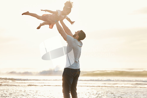 Image of Beach, fly and father with girl, sunset and vacation with quality time, bonding and getaway trip. Male parent, kid and female child with seaside holiday, airplane and playing with fun and adventure