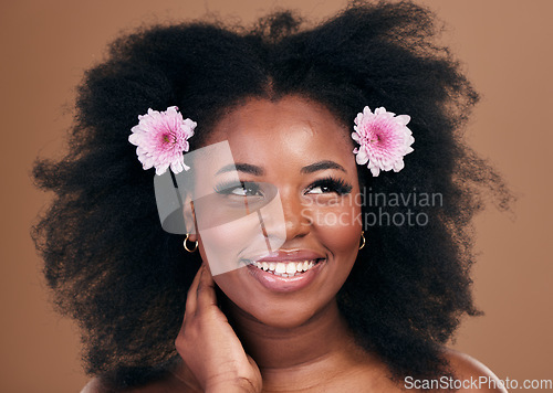 Image of Afro hair, thinking or happy black woman with flowers, beauty or smile on a brown studio background. Hairstyle, floral or natural African female model with shine or growth ideas with wellness or glow