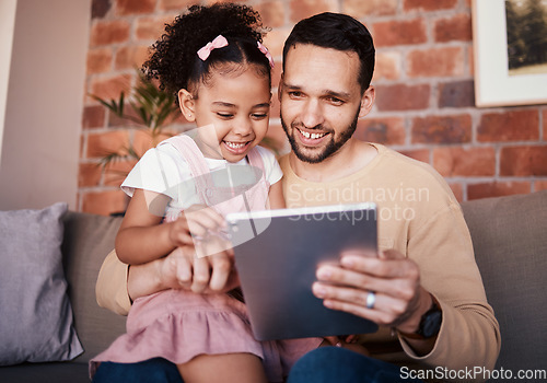 Image of Child, dad and tablet for learning on sofa in family home or reading online, playing a game or technology for education. Father, kid and mobile app to teach or streaming cartoon and watching tv