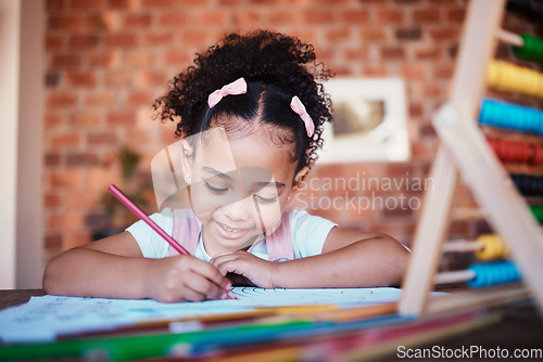 Image of Homework, writing and child drawing at home with study, learning and smile for project. Young girl, problem solving and youth development at house with student education and notes at table for school