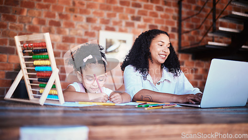 Image of Remote work, home and a mother and child with homework or a laptop for typing an email. Happy, table and a young mom with a computer for freelance job and a girl kid drawing or writing for education