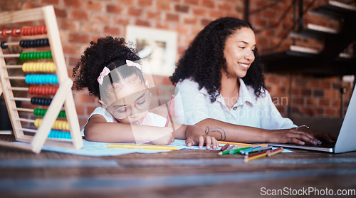 Image of Homework, writing and child in home with mom, learning and ideas for project. Young girl, problem solving and mother working at a house with student education and drawing notes at table for school