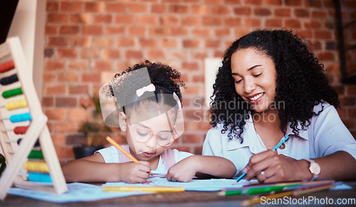 Image of Smile, mother and girl with homework, help and conversation with education, growth and learning advice. Family, parent or female kid writing in a lounge, notebook and knowledge with child development