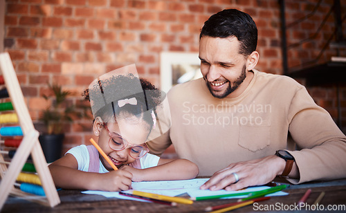 Image of Happy, father and girl with homework, help and conversation with education, advice and learning. Family, male parent or female child writing in a lounge, notebook and knowledge with support or growth