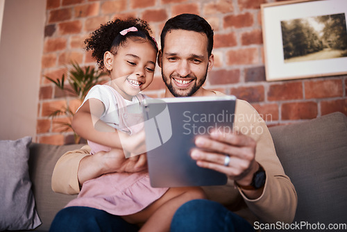 Image of Dad, child and tablet for learning on sofa in family home or reading online, playing a game or technology for education. Father, kid and mobile app to teach or streaming cartoon and relax watching tv