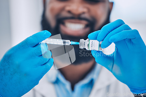 Image of Happy man, doctor and hands with syringe for vaccine, injection or flu shot in healthcare at hospital. Closeup of male person or medical expert with needle, vial or monkey pox vaccination at clinic