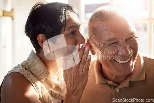 Image of Elderly couple, gossip and laugh in retirement home from secret and conversation with smile. Did you know, drama and marriage with senior people together with story talk and listening in a house