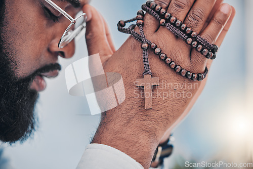 Image of Rosary, man and hands with praying beads, religion and christian respect with gratitude and support. Help, praise or holy spirit healing of a male person with spiritual necklace, prayer and cross