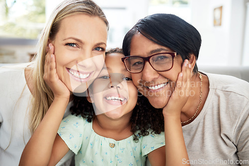 Image of Interracial family, portrait and home with smile, bonding and care with grandmother, mom and child. Happy, love and living room with children and hug together to relax in support with grandparents