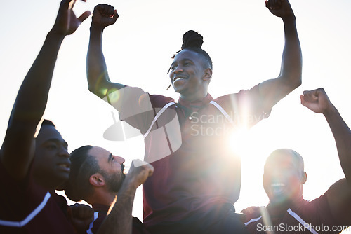 Image of Rugby, team and celebration of champion in winning, achievement or victory in sports, tournament or game. Happy group of athletic, sporty men or players with fist pump in success, teamwork or fitness