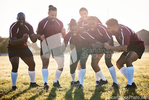 Image of Team support, happy and men in rugby for game motivation, community or diversity on the field. Smile, fitness and athlete people cheering for training, goal or winning a contest or competition