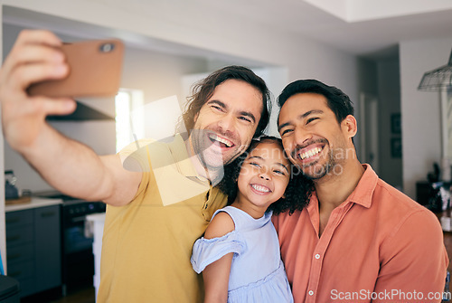 Image of Selfie, family and gay portrait at home for social media and profile picture of parents and child. Happy, smile or photo of homosexual people and interracial girl together with support, love and care