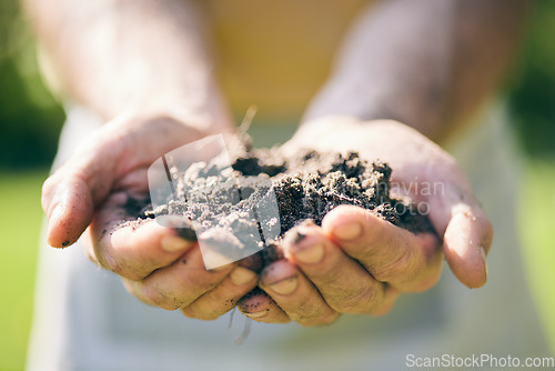 Image of Gardening, soil in hands and palm of man in nature for agriculture, farming and planting flowers. Sustainability, environment and male person with earth, fertilizer and dirt on hand for earth day