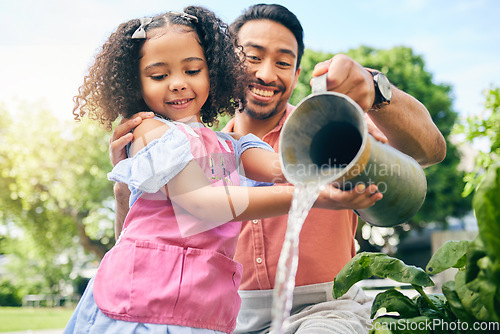 Image of Gardening, happy man and daughter water plants, teaching and learning growth in nature together. Backyard, sustainability and dad helping child watering vegetable garden with love, support and fun.