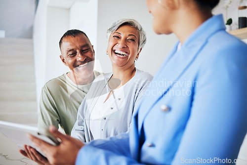 Image of Senior couple, tablet and real estate agent in new house with discussion, investment or mortgage. Man, women and technology with agreement, property or home with smile in retirement with conversation