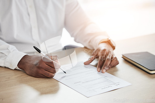 Image of Closeup, business and man with a document, writing and insurance with a pen, planning and form. Zoom, person and professional with paperwork, contract or investment with a report, signing and hands