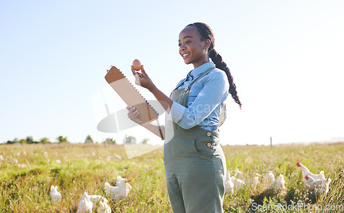 Image of Woman in field with chickens, clipboard and egg, quality assurance and sustainable small business farming in Africa. Poultry farm inspection, checklist and farmer in countryside with birds in grass.