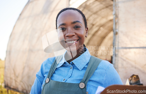 Image of Black woman, portrait and farming with clipboard for sustainability, management or quality control in countryside. Face, smile and farmer with checklist for distribution stock at poultry supply chain