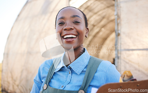 Image of Portrait, black woman and farm with clipboard for sustainability, management or quality control in countryside. Face, smile and farmer with checklist for distribution stock at poultry supply chain