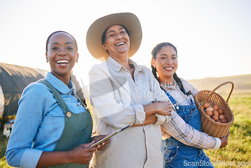 Image of Chicken farm, women portrait and happy with farmer web management and egg collect. Agriculture, diversity and female group with small business in countryside with eco friendly work and success