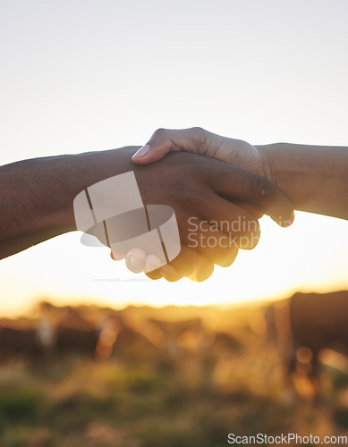 Image of Thank you, handshake and people with b2b farm deal for agriculture, partnership or small business support. Welcome, shaking hands and farming collaboration for supply chain, trust and agro startup