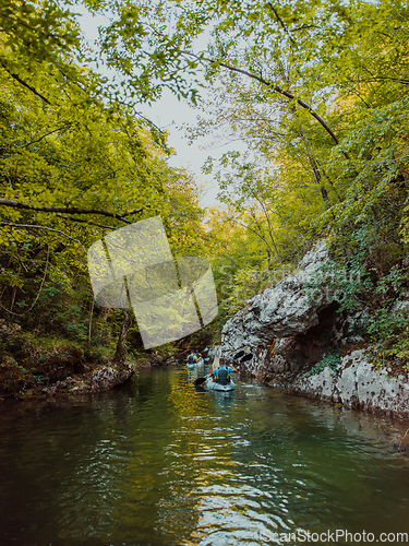 Image of A group of friends enjoying having fun and kayaking while exploring the calm river, surrounding forest and large natural river canyons