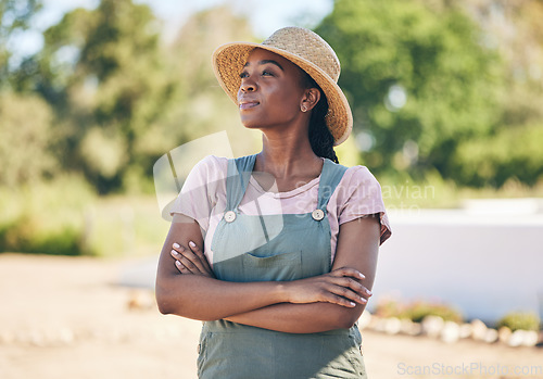 Image of Black woman, thinking and farmer with arms crossed in nature for sustainability outdoor. Idea, agriculture and confident person on land for agro, eco friendly vision and summer garden countryside