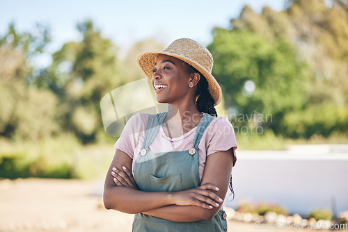 Image of Thinking, black woman and farmer with arms crossed, happy and sustainability outdoor. Idea, agriculture and confident person smile in nature, agro and eco friendly vision in summer garden countryside