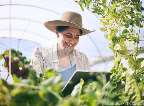 Image of Farmer, woman and tablet in greenhouse for agriculture, farming and sustainability with or e commerce management. Happy worker on digital technology for gardening, food production and inspection